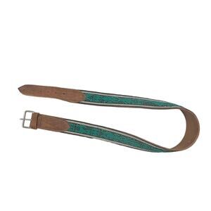 Handmade Leather Belt Woven Tribal Animal Motifs Green Tan
